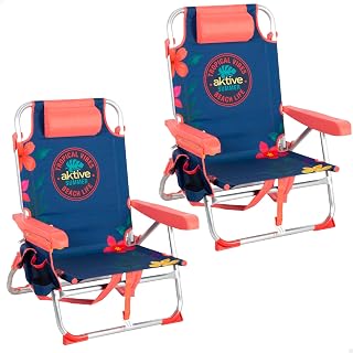 AKTIVE Packung mit 2 Strandstühlen, 50 x 54 x 80 cm, Marineblau, Blumen, 5 Positionen, Kippschutz, Kippschutz, Seitenuntersetzer, Tragegriffe Rucksack (85554)