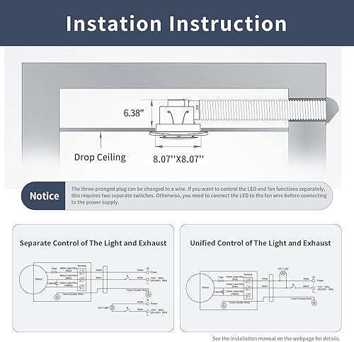 Miniatura 9 de Zeyzer Ventilador de escape de baño con luz LED, cuadrado, silencioso, moderno, ventilador de ventilación para duchabañooficina, 110 CFM 1.0 Sones 4
