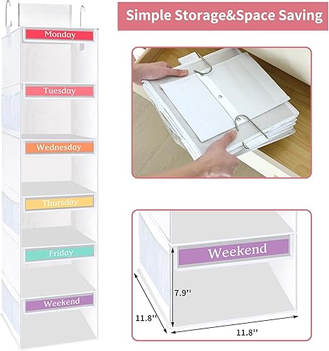 Miniatura 5 de Fixwal Organizador de armario colgante semanal de 6 estantes para niños con 6 bolsillos laterales plegable para el día de la semana organizador de