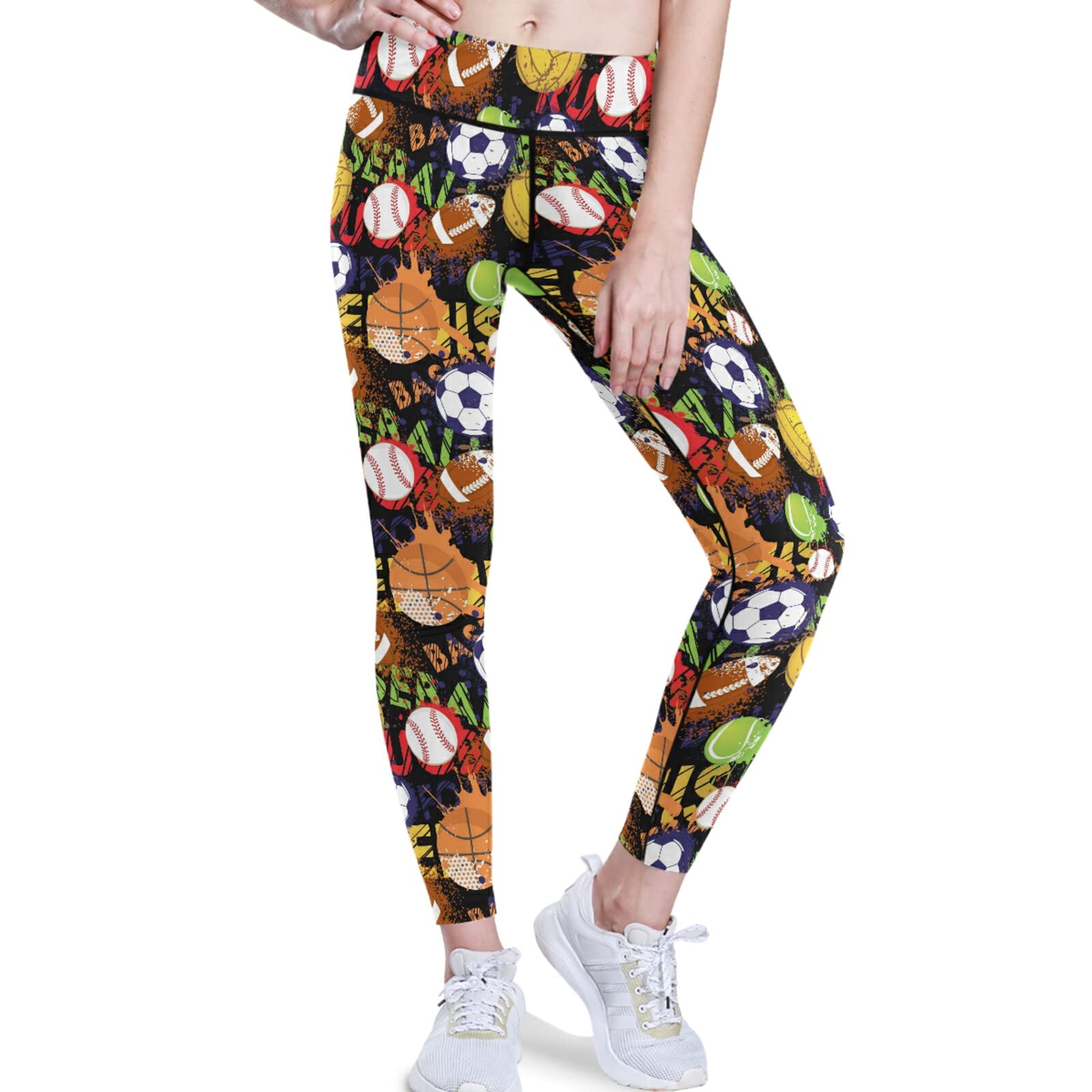 visesunny High Waist Yoga Pants with Pockets Stylish Sport Ball Print Soft Tummy Control Workout Leggings Black