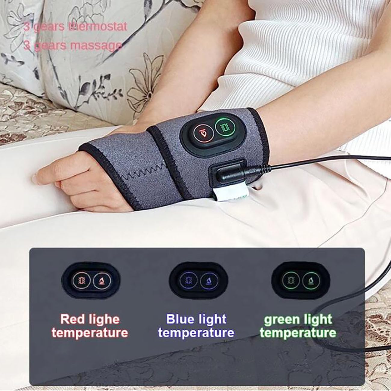 Envoltura Calentada Mano Muñeca Portátil,Muñequera Túnel Carpiano Compresión Soporte,Masaje De 3 Velocidades,Eléctrico Almohadillas Calefactoras De Muñeca
