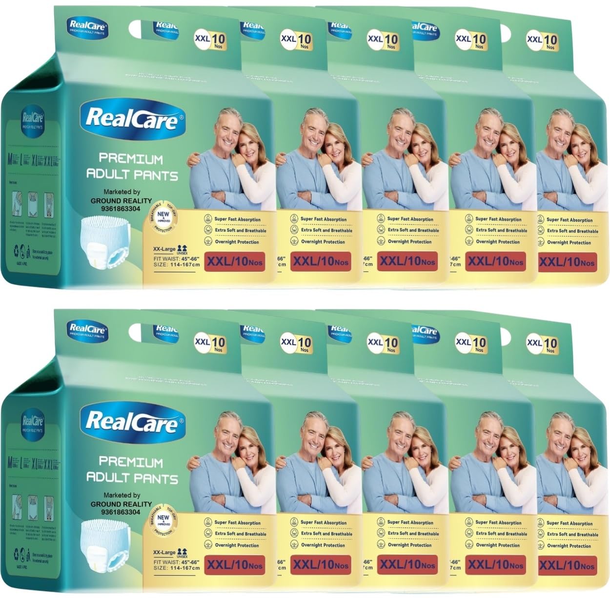 LUREME Wholesale Economy Pack of 10 (100) Real Care XXL Size (45-66 Inch, 114-167cms) Premium-Class Adult Pull Ups Pant Style Diapers for Men Women with New 3D Superior Absorbency Core Anti-Bacterial