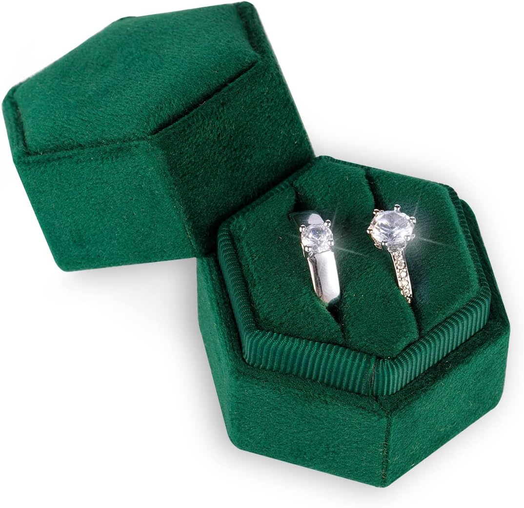 AIEX Velvet Ring Box for Jewelry Double Slots Hexagon Ring Case Box for Proposal Engagement Wedding Ceremony Valentine’s Day Holding 2 Rings (Emerald Green)