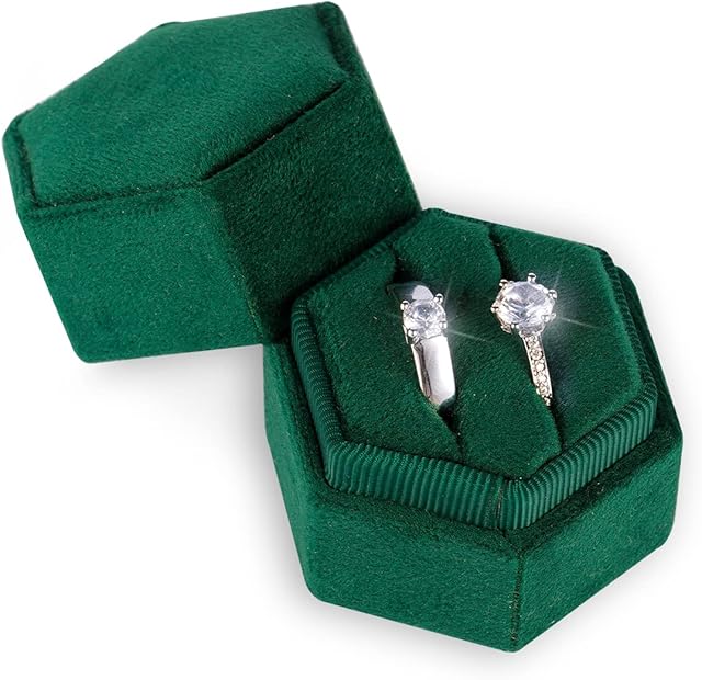 AIEX Velvet Ring Box for Jewelry, Double Slots Hexagon Ring Case Box for Proposal Engagement Wedding Ceremony Valentines Day Holding 2 Rings (Emerald Green)