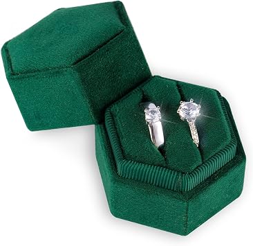 AIEX Velvet Ring Box for Jewelry, Double Slots Hexagon Ring Case Box for Proposal Engagement Wedding Ceremony Valentines Day for Holding 2 Rings Emerald Green