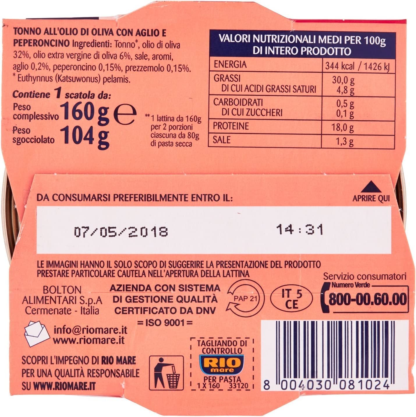 12 x Rio Mare Per Pasta Aglio e peperoncino thon dans l'huile d'olive 160 g