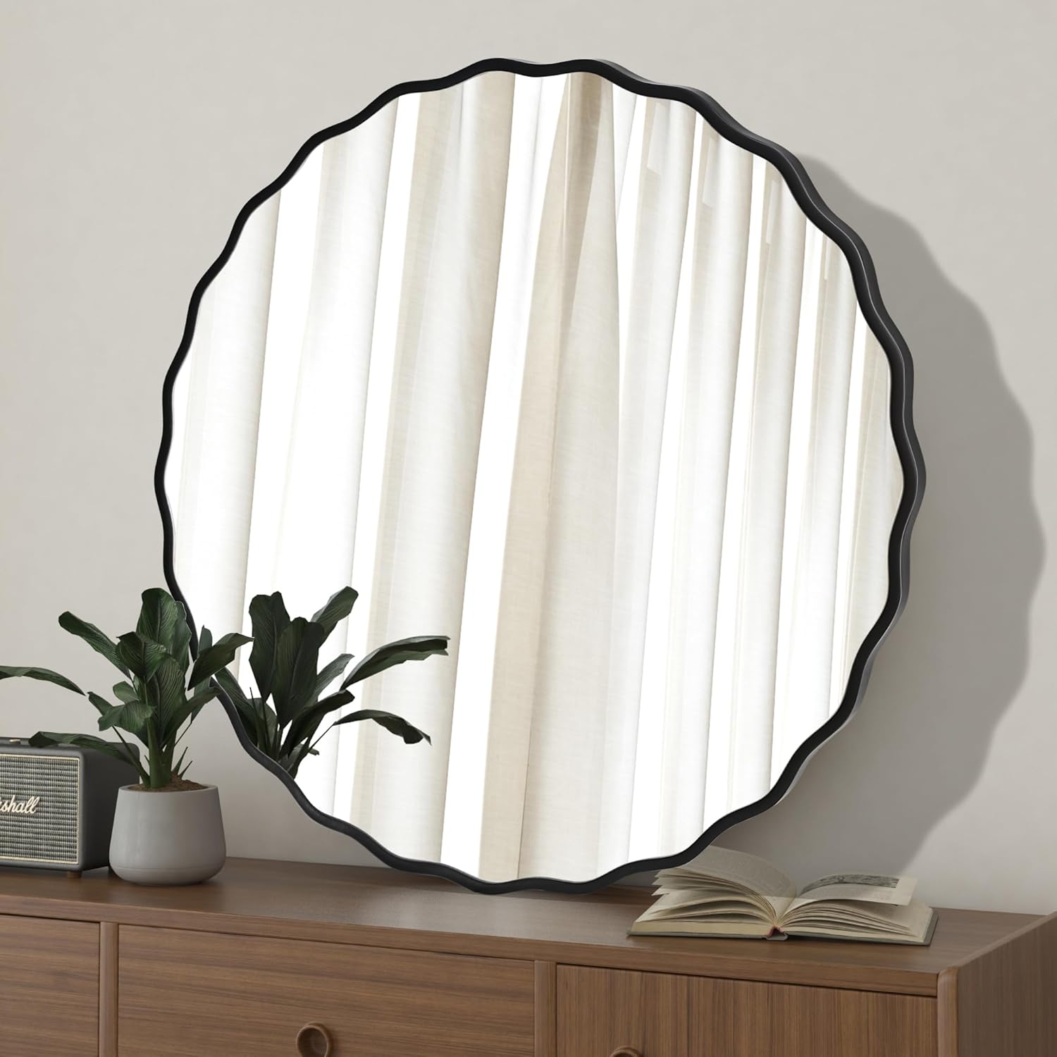 Black Round Mirror,Bathroom 30 Inch Vanity Flower Wall Mirror,Modern Circle Floral Mirror for Wall,Wood Mirror for Bedroom Living Room Entryway