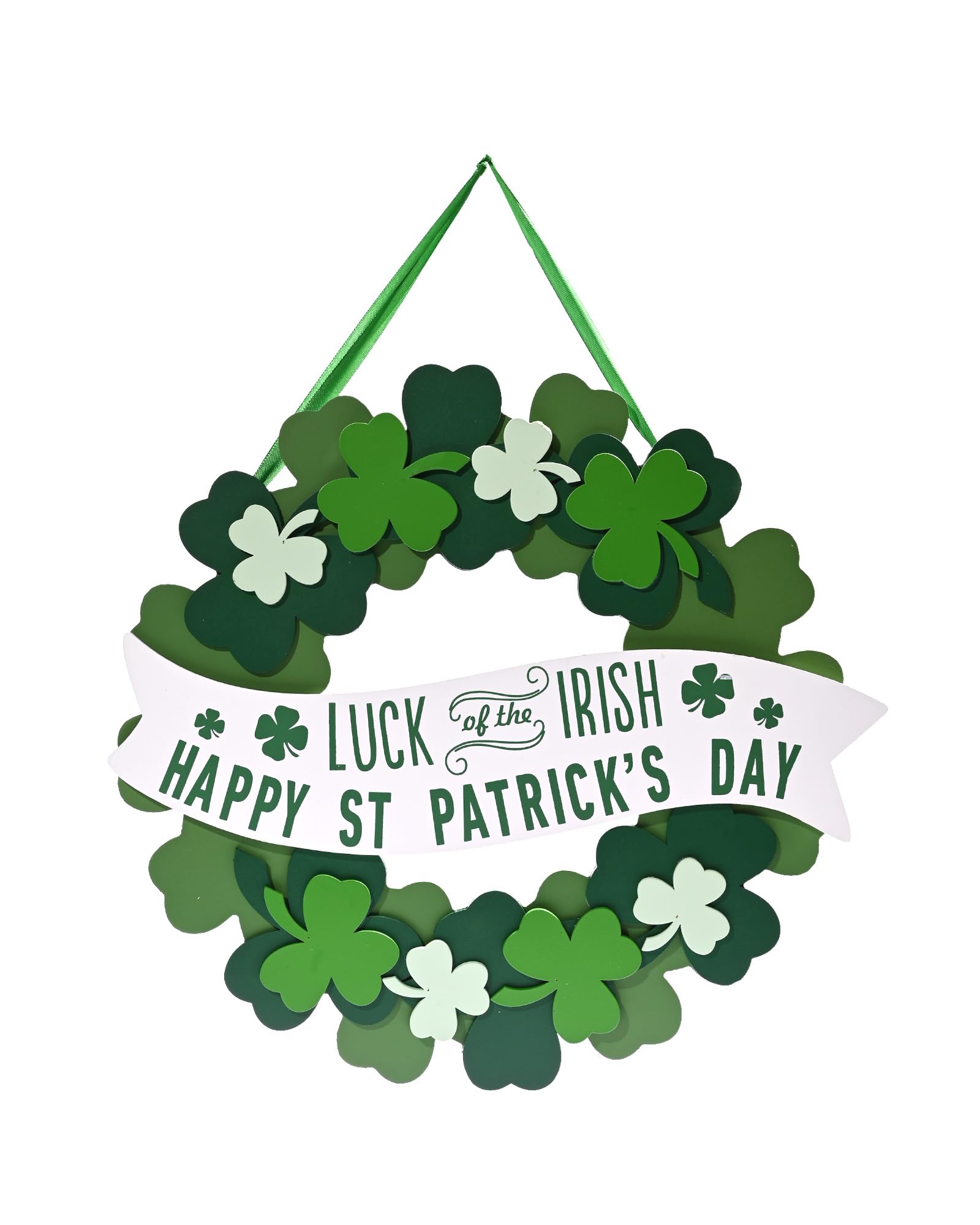 DN DECONATION St Patrick’s Day Wreath, Artificial Green Shamrock Wreath for Front Door, Wooden Wall Hanging Clover Wreath Sign with 3D Design, Lucky Irish Wreath for Spring Holiday Decor