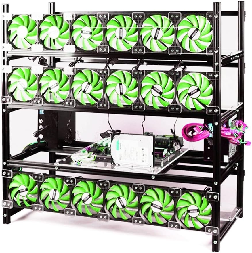 19 GPU Open Air Mining Rig Aluminum Stackable Frame Case Cryptocurrency Miners With 18 Fans For ETH/ETC/ ZCash Ethereum,Bitcoin,and Altcoins (Black-Green)