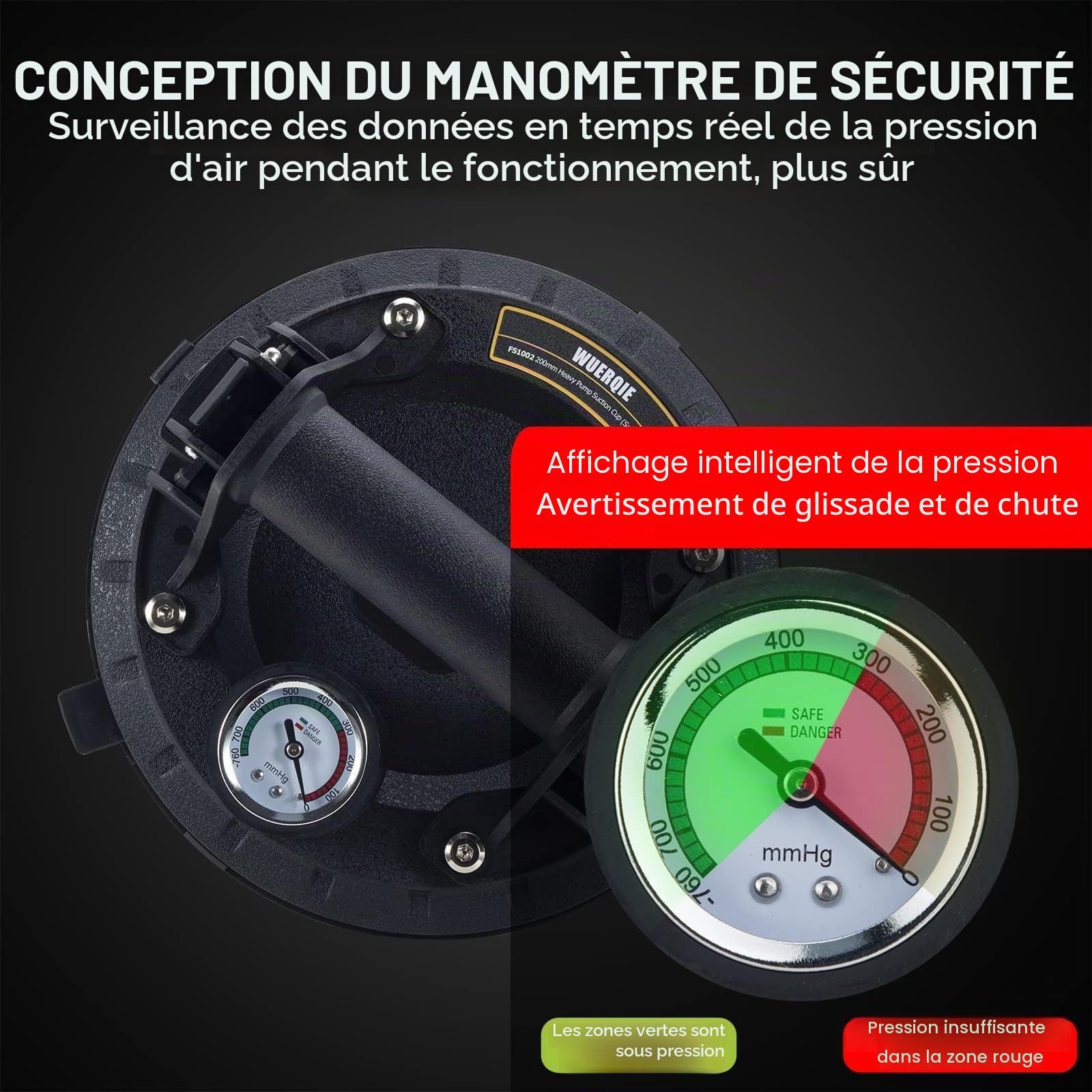 2 Pièces Ventouses en Verre de 8 Pouces avec Manomètre Pompe à Main en ABS Ventouses en Verre Puissantes pour Surfaces Planes et Lisses et Remplacement de Fenêtre/Boîte à Outils Portable Ventouses