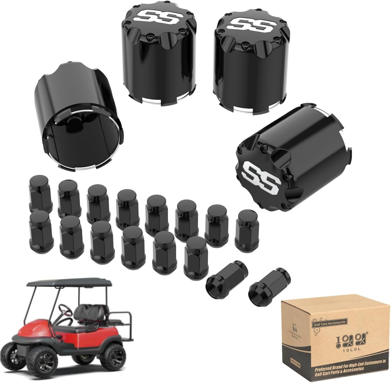 10L0L Golf Cart Center Caps & Wheel Lug Nuts Kit for Most EZGO, Club Car - 4 PCS ITP SS Wheel Hub Cap (Outer Diameter 2.73'') and 16 PCS Lug Nut (Thread Size 1/2") - Black