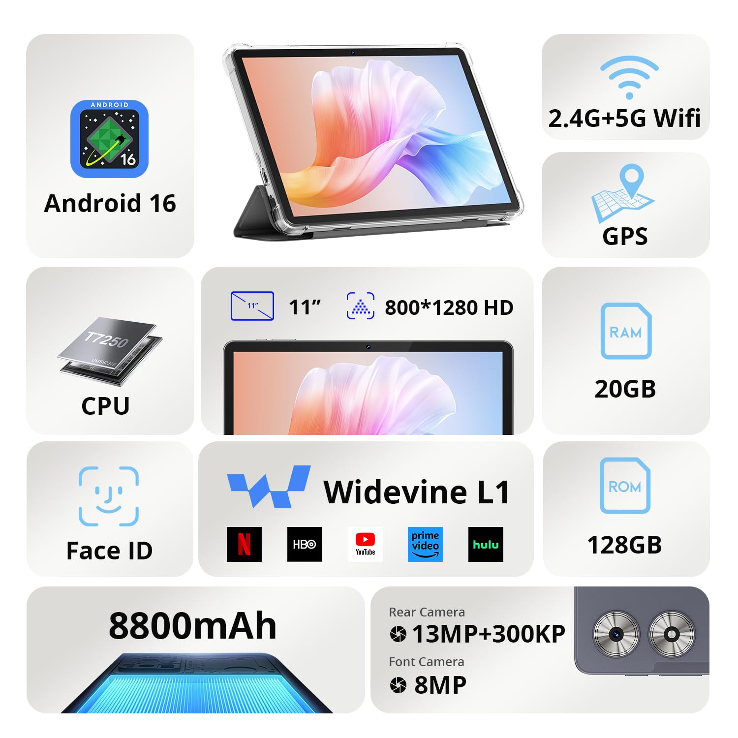 SVITOO Android 16 Tablet 11 Inch with Gemini AI, 20GB RAM 128GB ROM, 90Hz IPS Display, Fast T7250 Octa-Core, 8800mAh, 13MP+8MP Camera, Widevine L1, 5G WiFi, GPS, Case Included – Gray — view 2