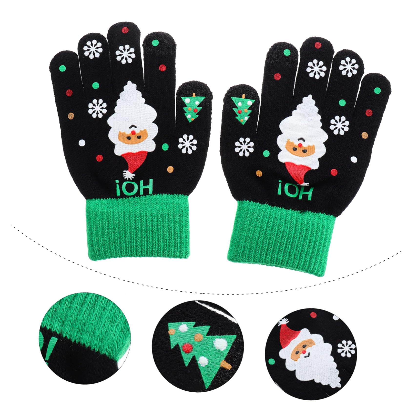BESPORTBLE 2 Pares de Guantes de Invierno de Punto Guantes Térmicos Negros Dedos Completos Pantalla Táctil y Diseño Navideño de Santa Claus para Niños para Obsequio de Navidad