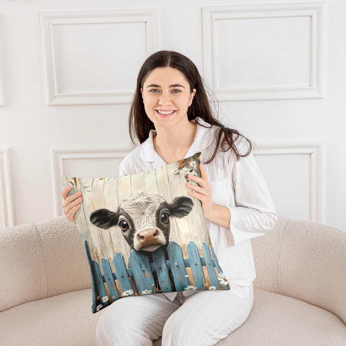 Erosebridal Milk Cow Throw Pillow Cover Rustic Farmhouse Barn Pillow Cover Daisy Flower Floral Decor Rural Country Farm Animal Cushion Case,24x24 Inch