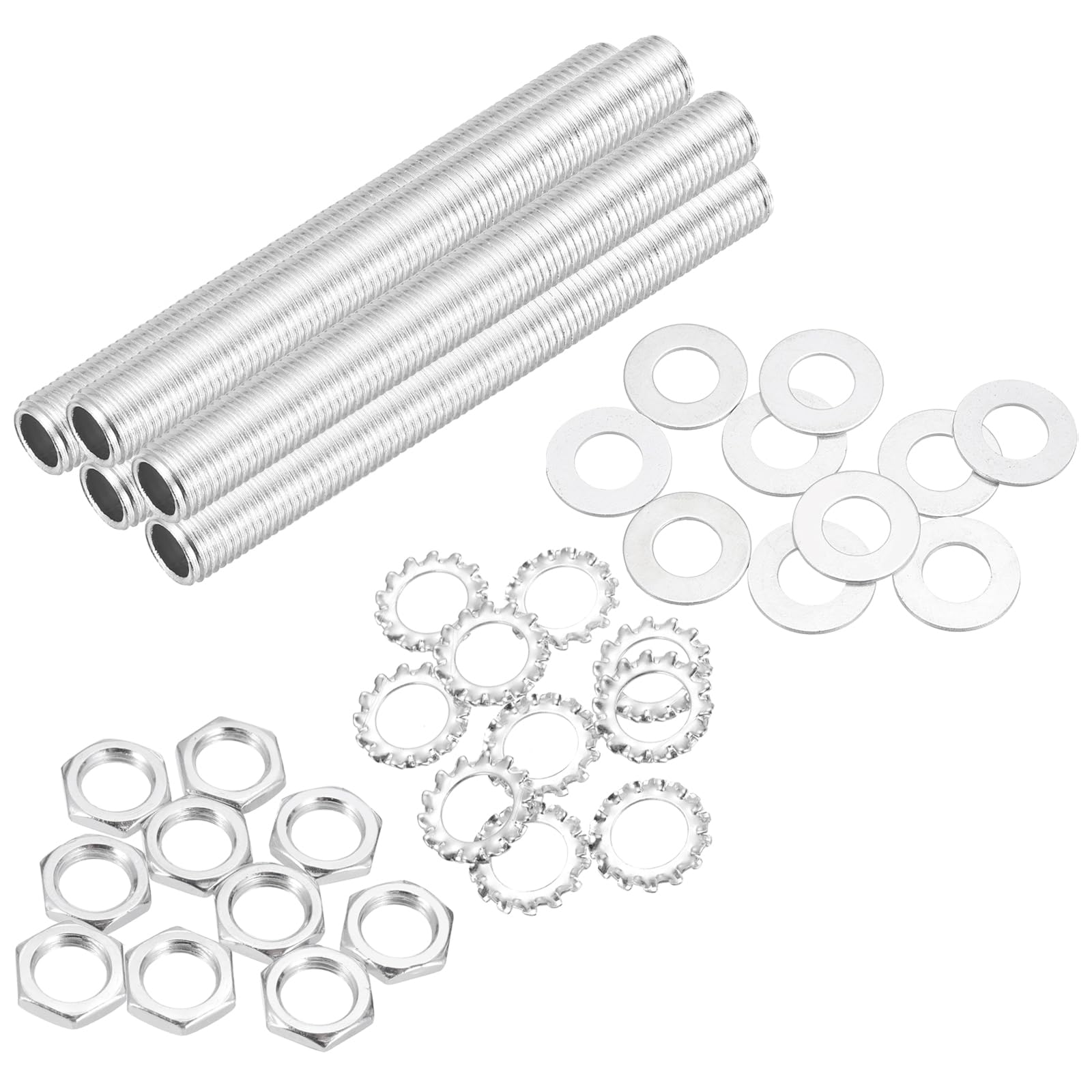 sourcing map 35Pcs 3.9" Lamp Pipe Nipples Kit with Hex Nuts Washers, 1/4IP All Threaded 1/2" Outer Diameter Lamp Rod Hollow Tube Fasteners for Lamp Assembly Chandelier DIY Repair, Silver