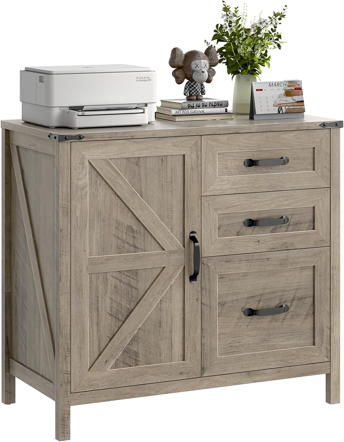 File Cabinet 3 Drawers Lateral File Cabinet with Adjustable Shelf for Letter/A4 Size Hanging Files, Large Wood File Storage Cabinets Printer Stand for Home Office, Grey