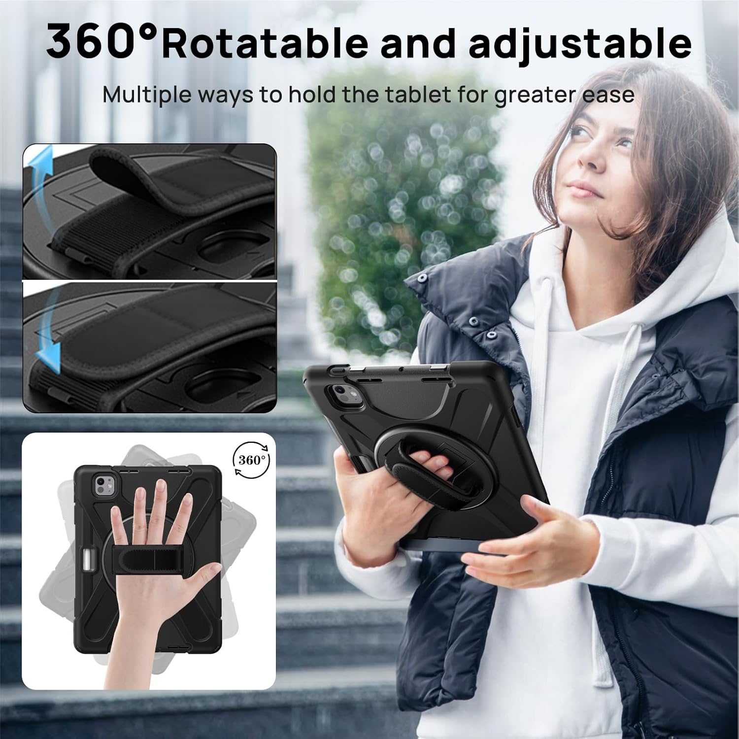 Gerutek Case for iPad Pro 11 inch M5/M4 (2025/2024) Tablet Case, Cover Protective with Screen Protector, Pencil Holder, 360 Rotating Handle, Stand, Shoulder Strap for iPad Pro 11" 6th/5th Gen-Black