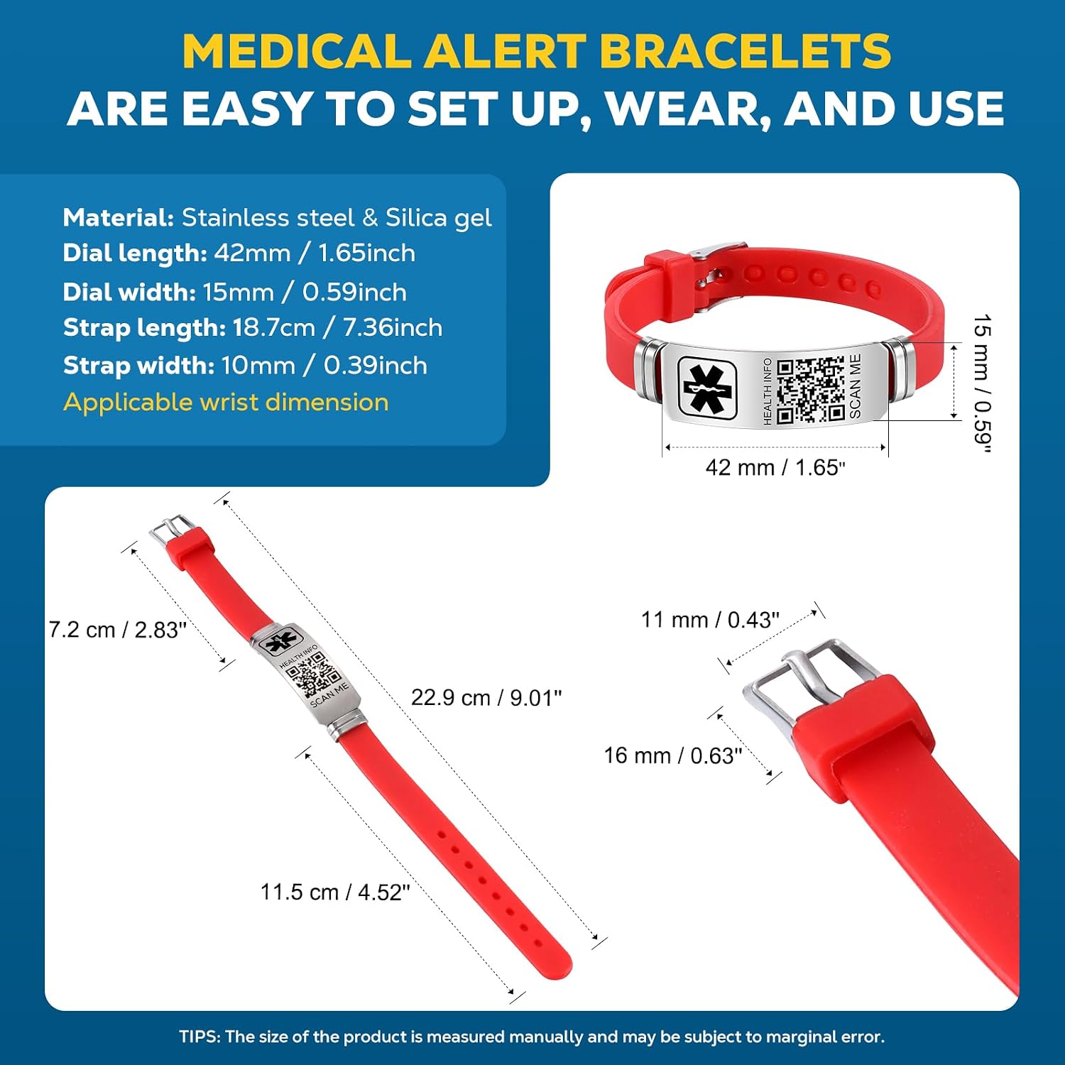 Medical Bracelets for Men Women with QR Code Medical Alert ID Bracelets for Sport Travel - Silicone Waterproof Wristband Fits Wrists Up to 8 inches - More Space Custom Emergency Medic ID Alert Information
