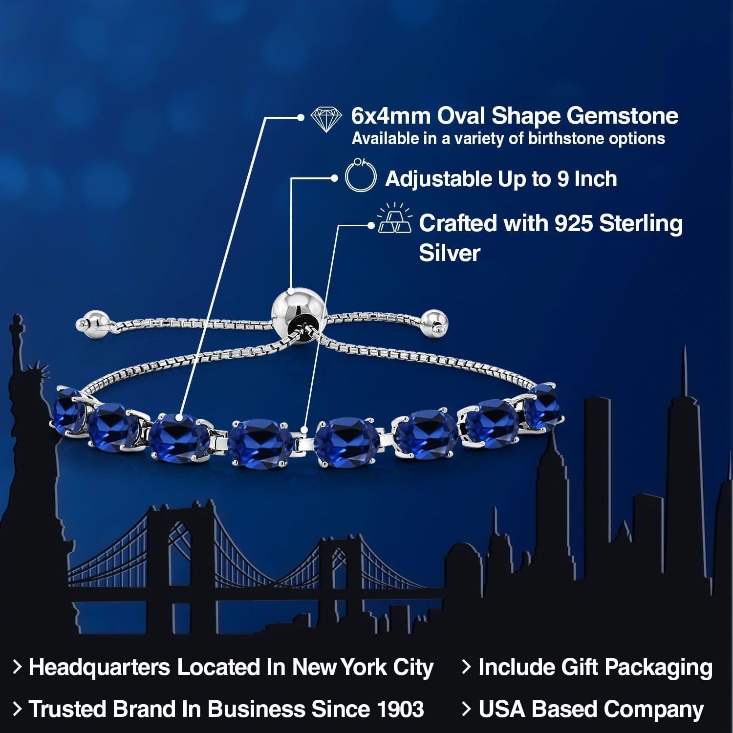 Gem Stone King 5-10 Cttw Gemstone Birthstone 8-Stone Tennis Bracelet For Women | 925 Sterling Silver | 7X5MM Oval | Bollo Bracelet | Adjustable Bolo Bracelet For Women | Easy-On Easy-Off