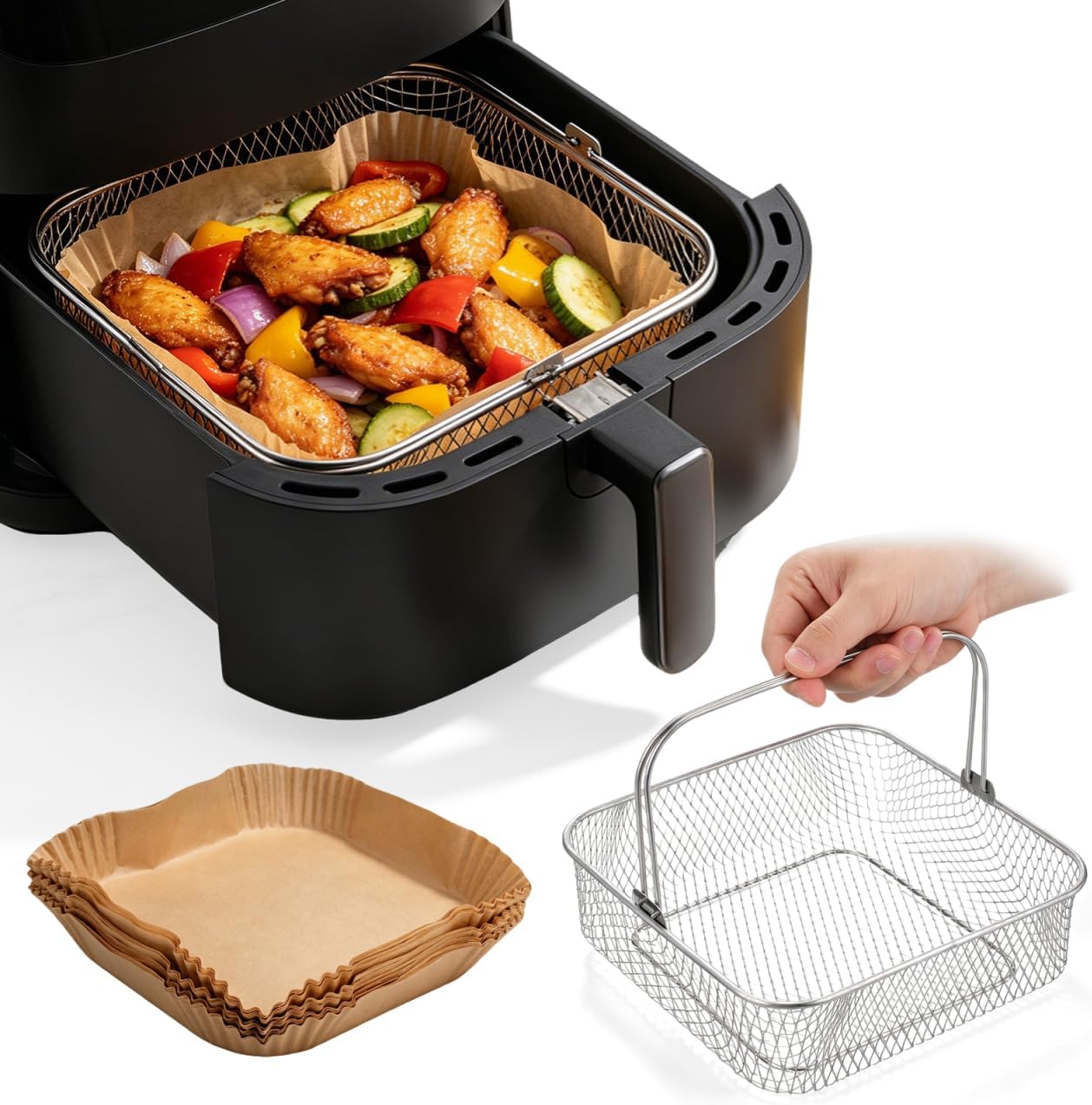 SHINEOFI Stainless Steel Metal Air Fryer Basket, 8" Mesh Wire Fry Basket with Disposable Parchment Paper Liners, Air Fryer Oven Rack Accessory for Home Cooking