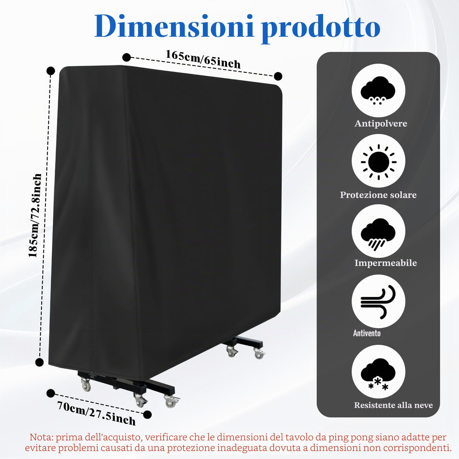165×70×185cm Copertura Tavolo Ping Pong, Oxford Copertura Ping Pong Esterno, Custodia Impermeabile per Tavolo, Anti UV e Antivento, Resistente, per Esterno e Interno, Nero