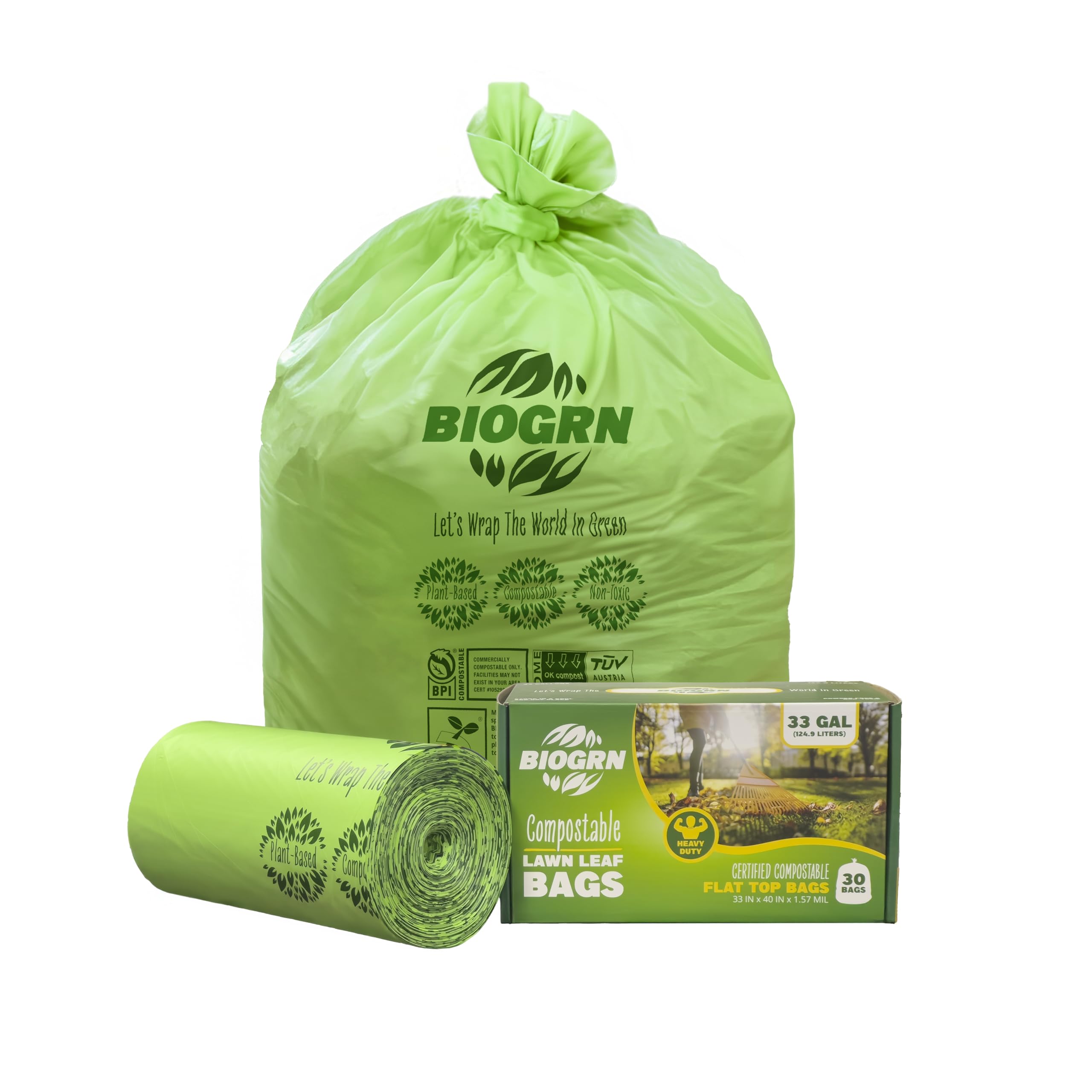 BIOGRN 30-33 Gallon Compostable Trash Bags Flat-Top 30 Bags Heavy Duty1.57 Mil, 124.92 Liter Large Lawn and Yard Waste Bag green for Outdoor Garden