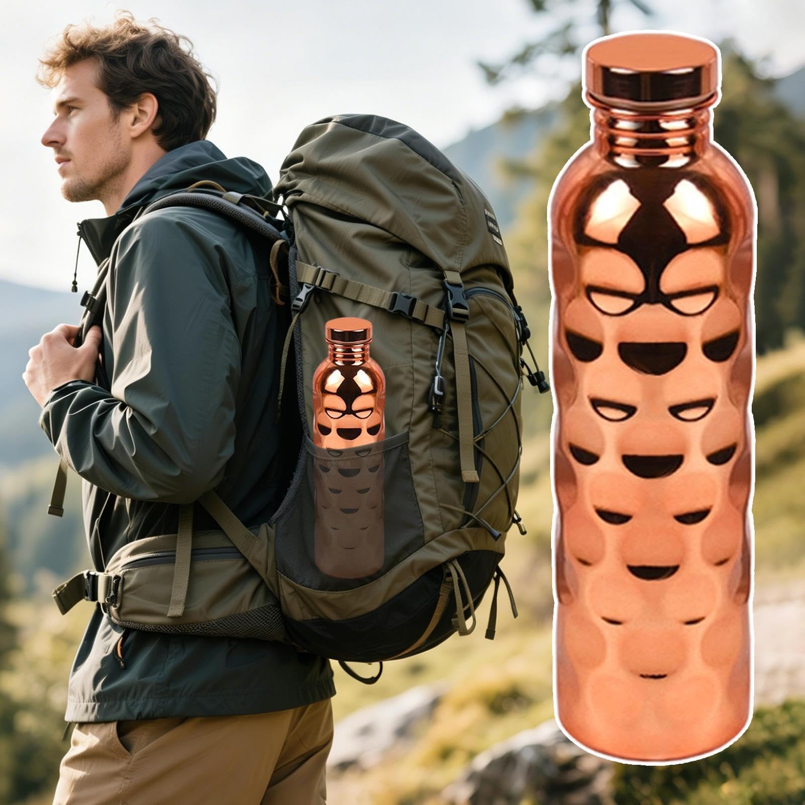 Kupfer Wasserflasche Mit Deckel Ayurvedischer Auslaufsicherer Becher | 950 ml Handgefertigter Trinkbehälter für Damen Herren Indoor Fitnessstudio Büro Reisen Camping Picknick Fitness Yoga