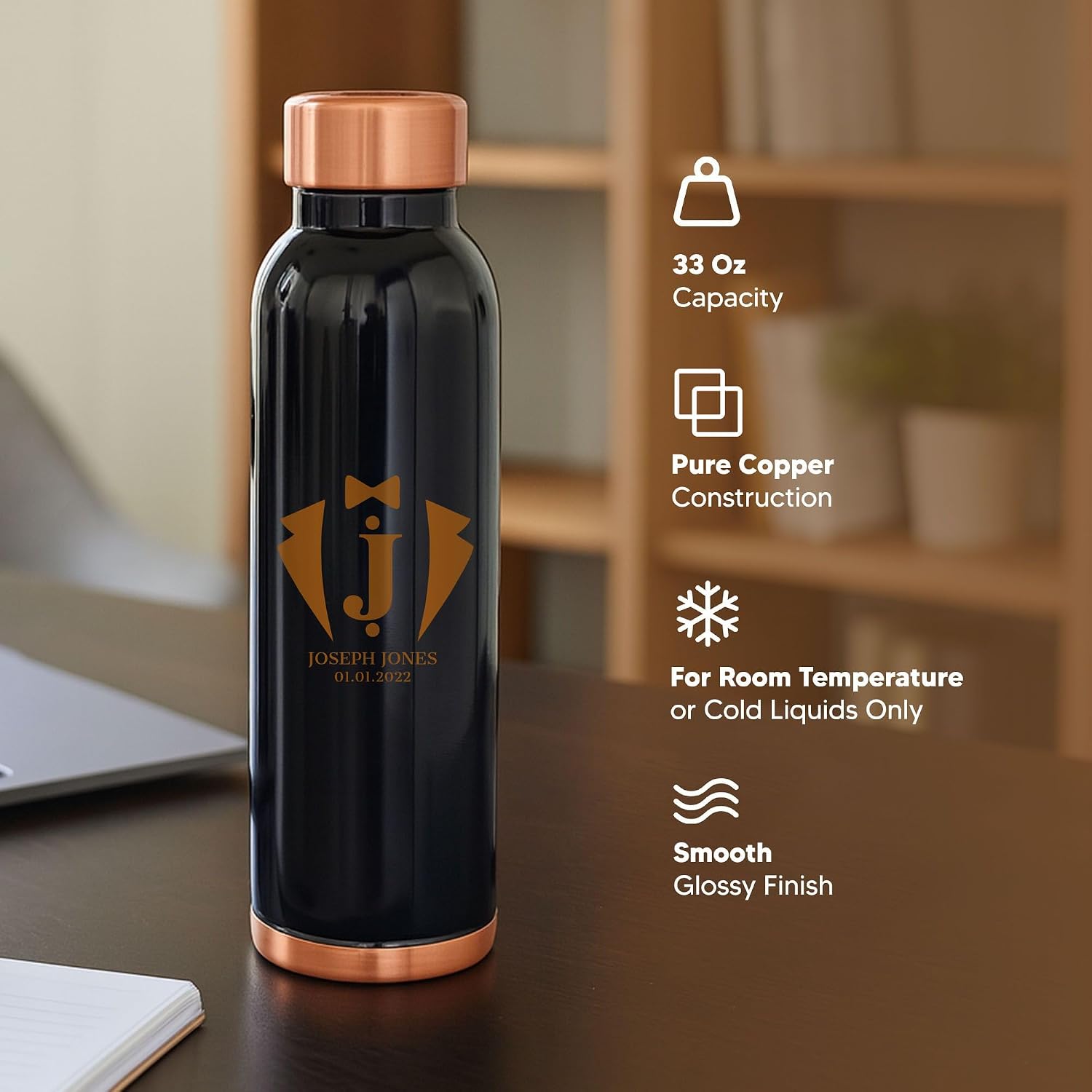 Custom Personalized Pure Copper Water Bottle for Drinking with Copper Plated Lid Groomsman Design Collection Groom Party Favor Gift | Tuxedo | 33 oz | Black