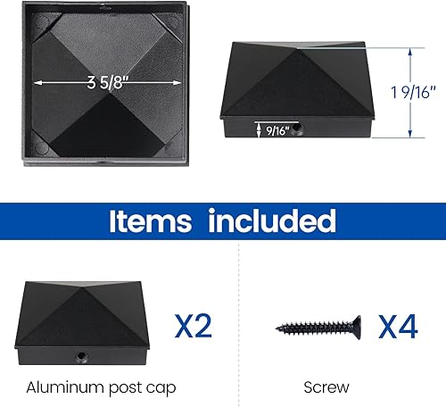 Miniatura 2 de Muzata Paquete de 2 tapas para postes de 4 x 4 pulgadas, pirámide de aluminio (real 3.5 x 3.5 pulgadas), cubiertas de polvo negro para barandillas
