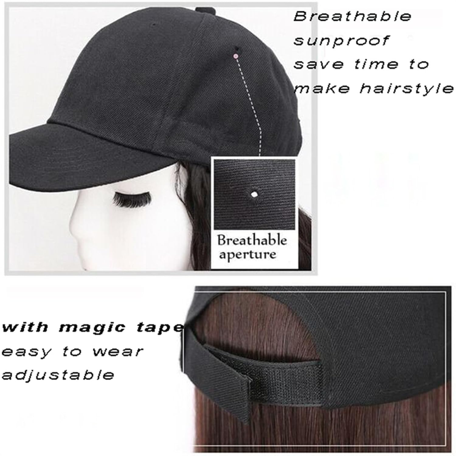 Hat Wig Baseball Cap Wig Adjustable Synthetic Long Wavy Wig With Cap For Women Black/Brown High Temperature Fiber Wigs For Party Hat Wigs For Women(Color:8)