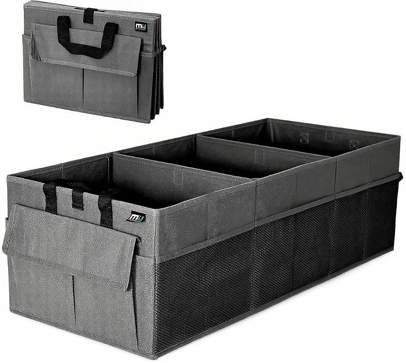 Trunk Organizer for Car, 12 Pockets Sturdy Car Organizer for SUV, Non-Slip Bottom, Folded Trunk Storage Organizer for Sedans, Van, Jeep, Grocery, Large 3 Compartments, Dark Gray 32"×13"×10"