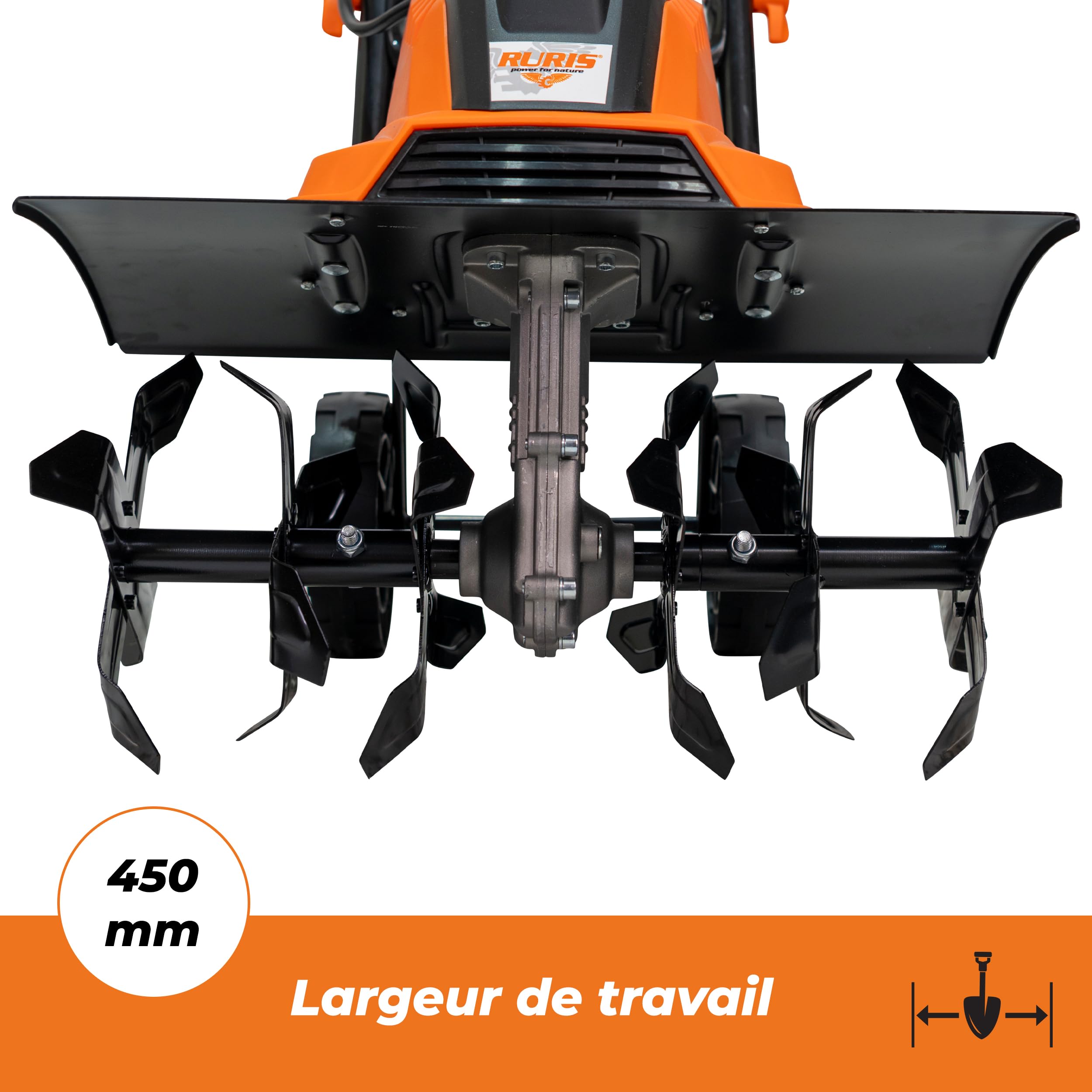 RURIS Motobineuse électrique 160RE - 1600W, Largeur 450 mm, Profondeur 220 mm, 24 Couteaux, Frein électronique, 2 Roues, légère et silencieuse, Orange