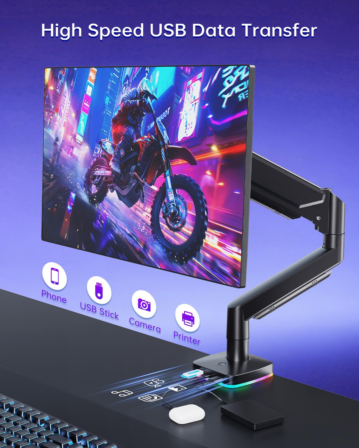 Afaloona Supporto per monitor singolo RGB, braccio per monitor a molla a gas con 3 porte USB, funzione di ricarica e trasferimento dati USB, supporto da scrivania per monitor da 13"-32" fino a 9 kg