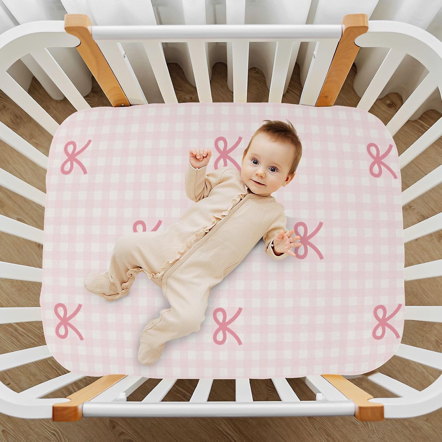 Pink Checkered and Bows Fitted Crib Sheets Stretchy Portable Playard Sheets for Baby Toddler, Breathable Soft Mini Crib Mattress 52 x 28 in for Boys and Girls