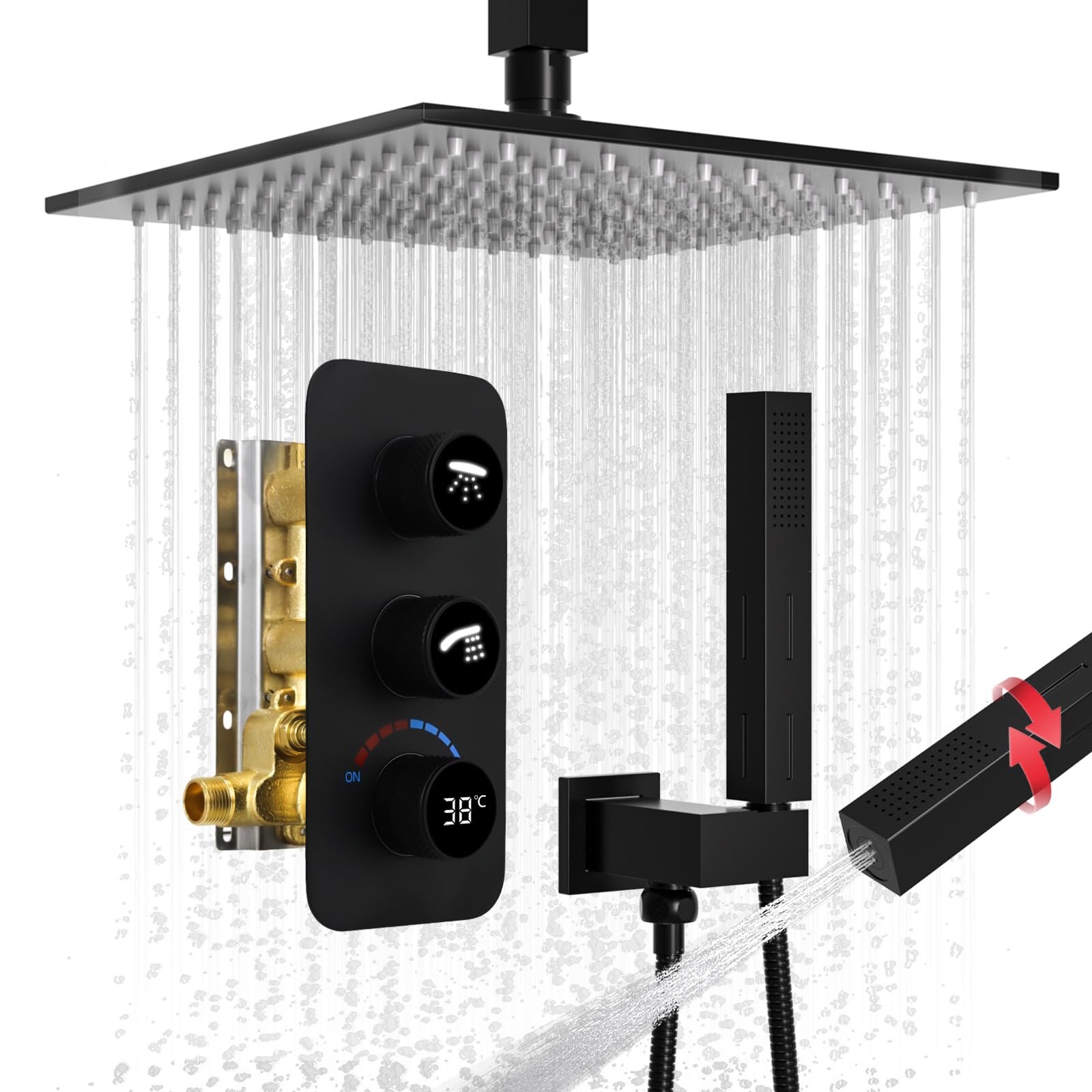 Système de douche à effet pluie avec robinet de douche 2 en 1 noir mat