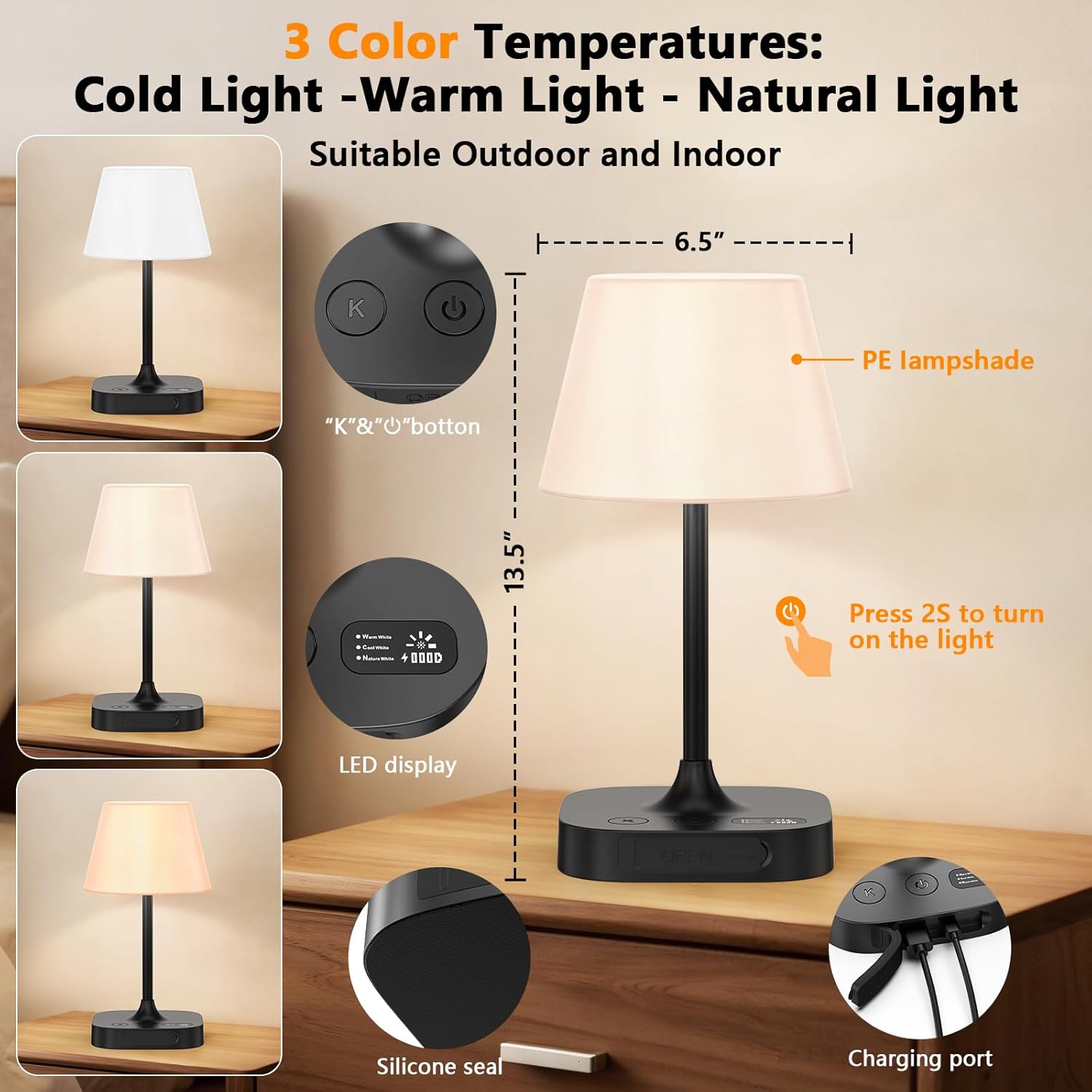 Outdoor Table Lamp - 8000mAh Cordless Rechargeable Battery,Dimmable LED Display Touch Lamp for Camping Patio and Bedroom (Black) - Image 2