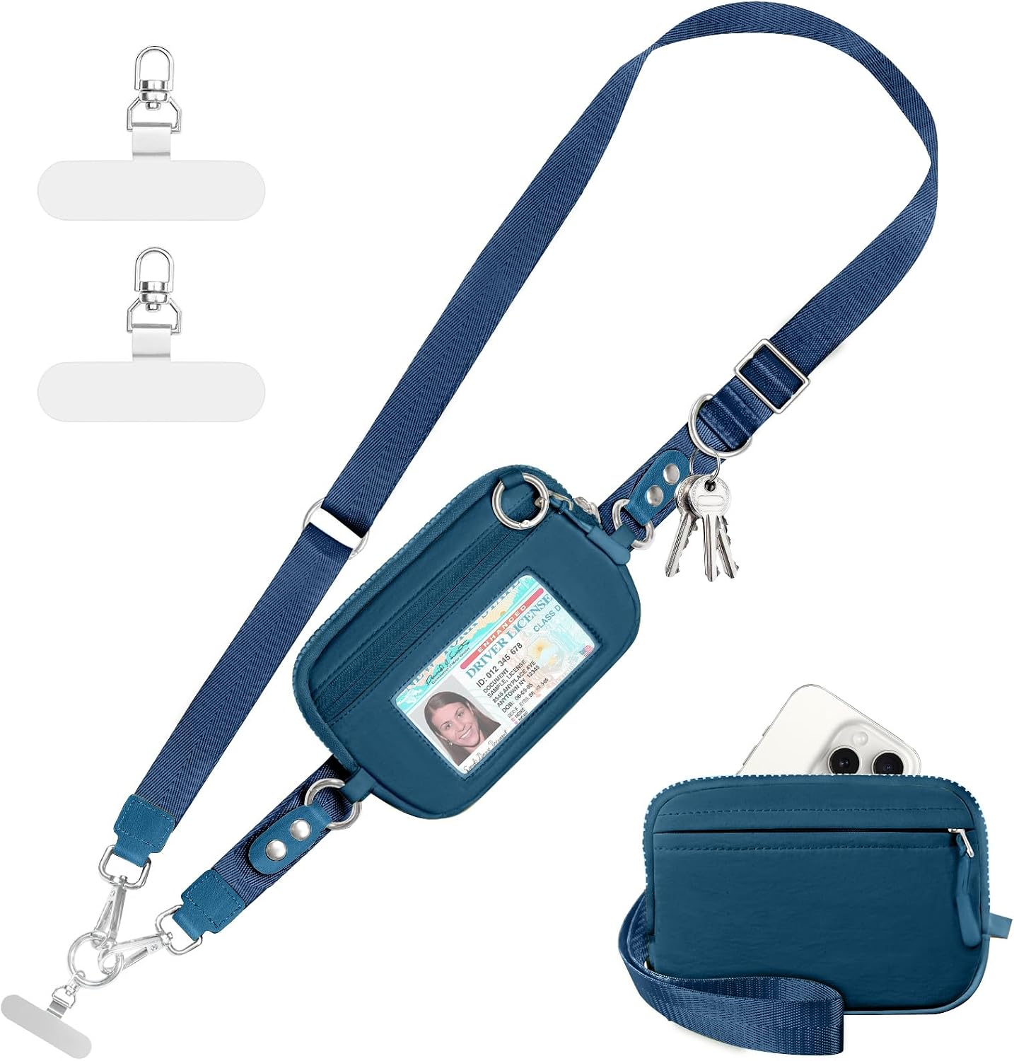  Clip and Go Strap for Phone with Wallet Crossbody Phone Lanyard Adjustable and Detachable RFID Wristlet Wallet (Blue Peacock, Large)