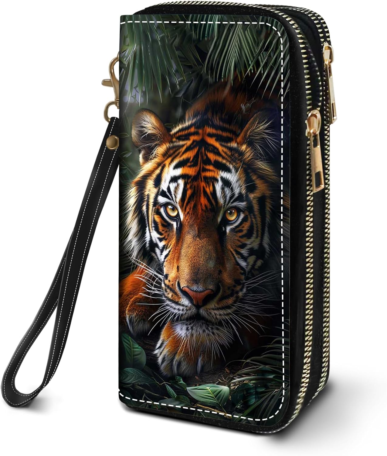 Women's Large Capacity Wallet PU Leather Double Zipper Clutch Purse Multifunctional Wallet with Removable Wristlet Strap for Smart Phone/Coin/Card/Cash - Tiger