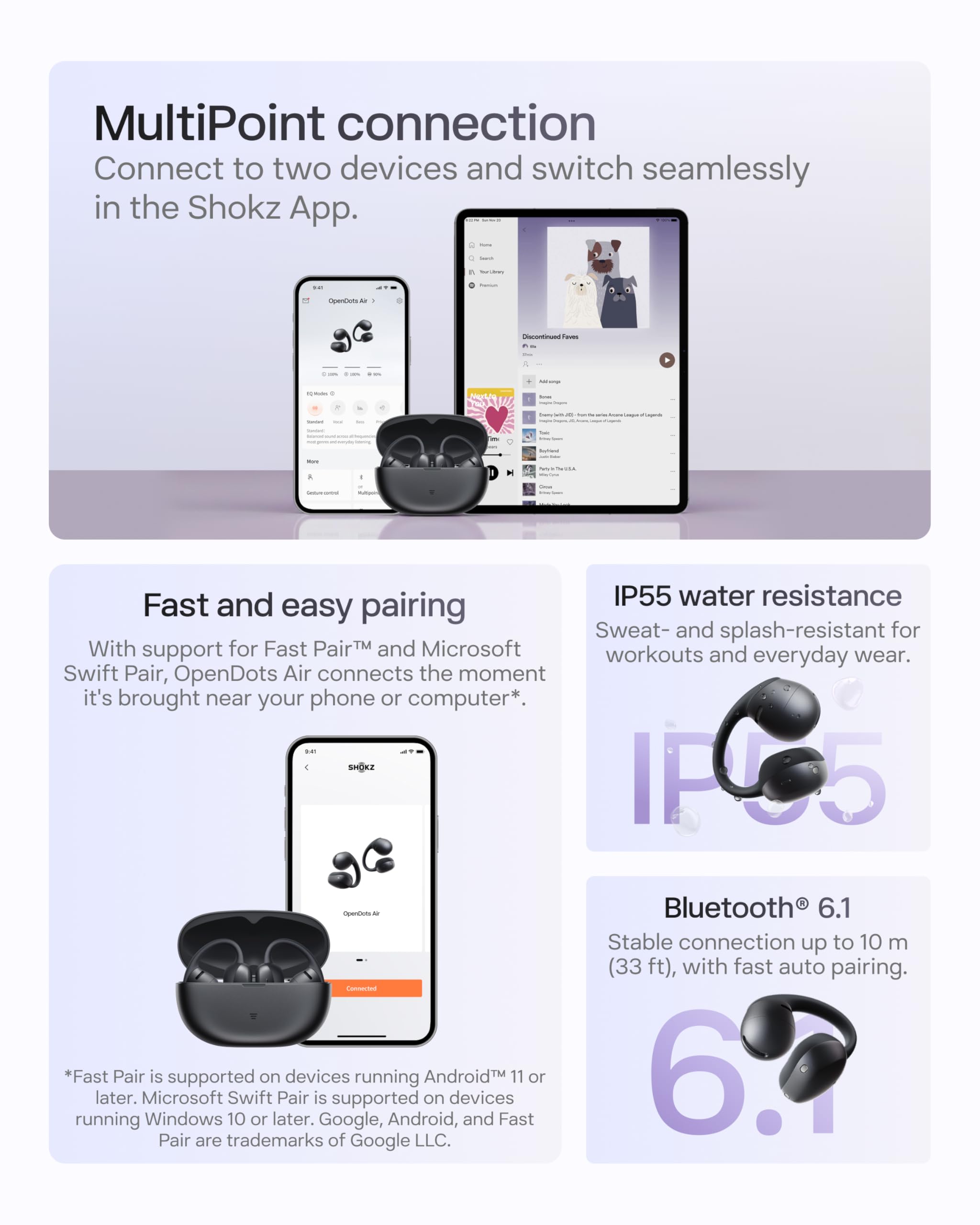 SHOKZ OpenDots Air cuffie open-ear clip-on, ultraleggere 6,3 g - Nero | bassi profondi, vestibilità sicura, 36 h di riproduzione, Bluetooth 6.1, riduzione rumore AI, IP55