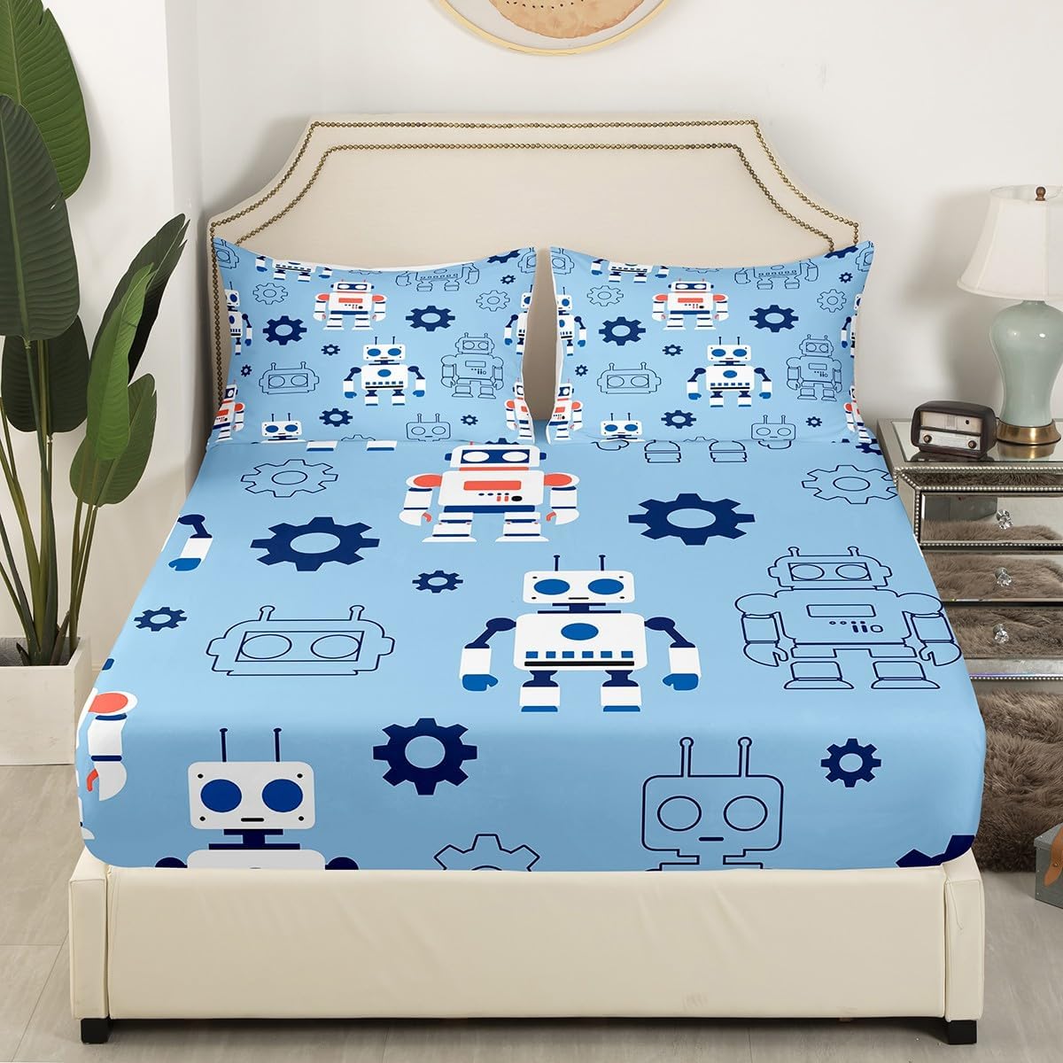 Robot Blue Bedding Set Full Size,Intelligent Machine Equipment Fitted Sheet for Kids Boys Girls Room Decor,Cartoon Super Robot Sheet Set 3Pcs,Science Fiction Robot Bed Sheet,2 Pillowcases