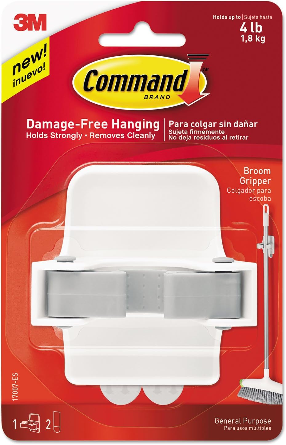 Command Broom Gripper, White with Grey Band (4 Pack)