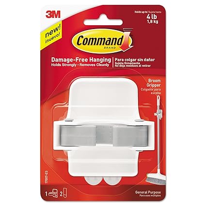 Command Broom Gripper,1 Hook and 2 Strips,Self Adhesive,Damage Free Walls, Holds 1.8kg,White