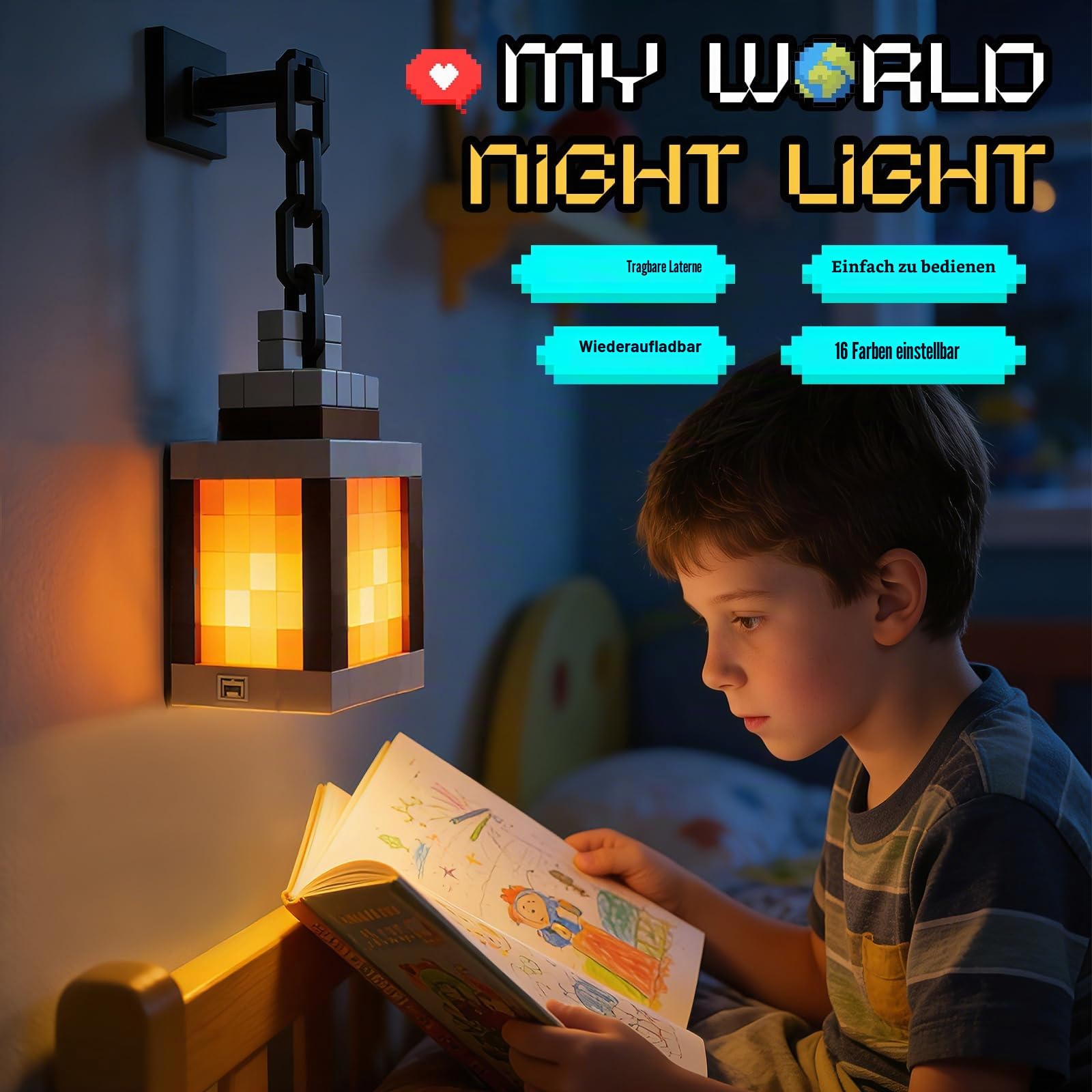 RoserRose Pixelated Lantern Nachtlicht Mit Fernbedienung,Wall Fackel Nachtlicht,16 Farben Mit Fernbedienung & Dimmfunktion Für Schlafzimmer, Camping Und Gamer Geschenk