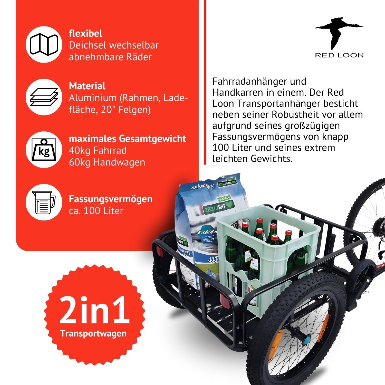 Rimorchio per bicicletta 2 in 1 – Red Loon in alluminio BAC502 – 100 litri – pneumatici extra larghi da 20" – max. 60 kg – Rimorchio per biciclette da 26 – 28" – Carrello a mano