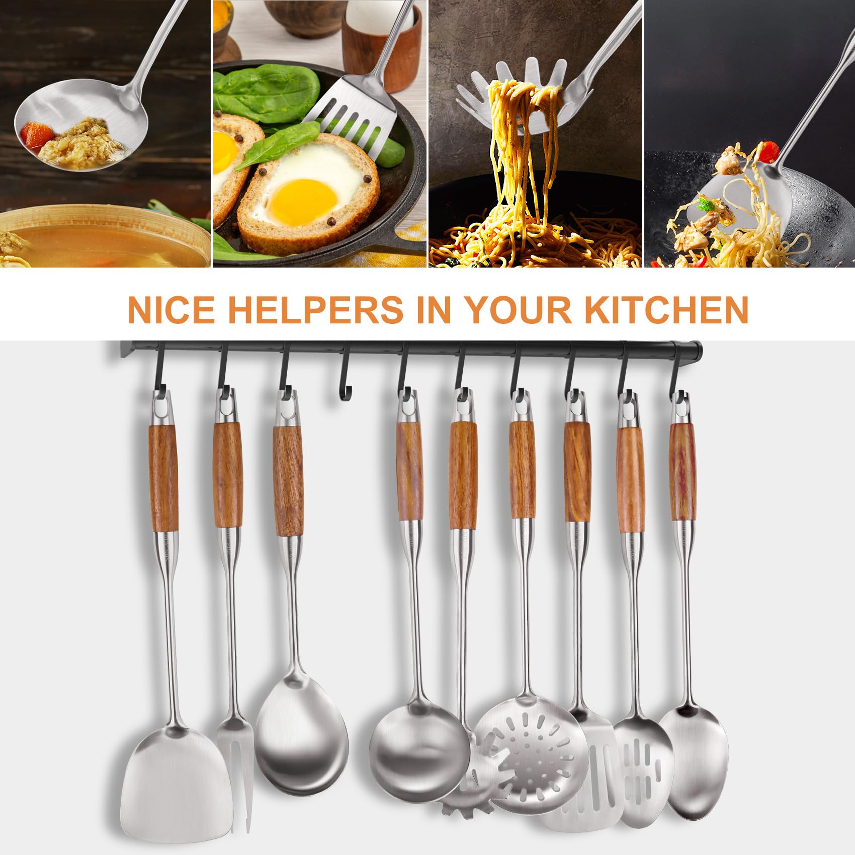 Set di utensili da cucina in acciaio inox 304 con manico in legno, set di utensili da cucina in metallo, spatola wok da cucina in acciaio inox