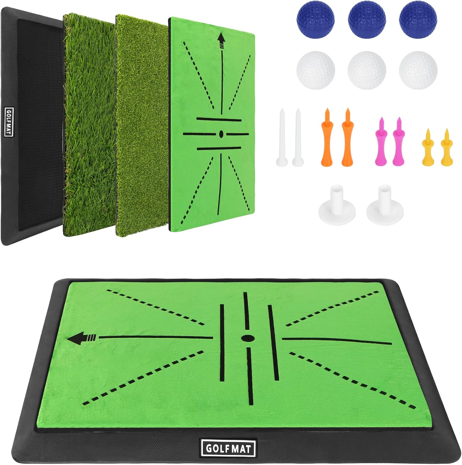 Golf Hitting Mat, Portable Golf Practice Mat Set with 6 Balls & Tees, Indoor Outdoor Swing Trainer for Home Office Lawn, Realistic Turf Feedback with Replaceable Hitting Mats