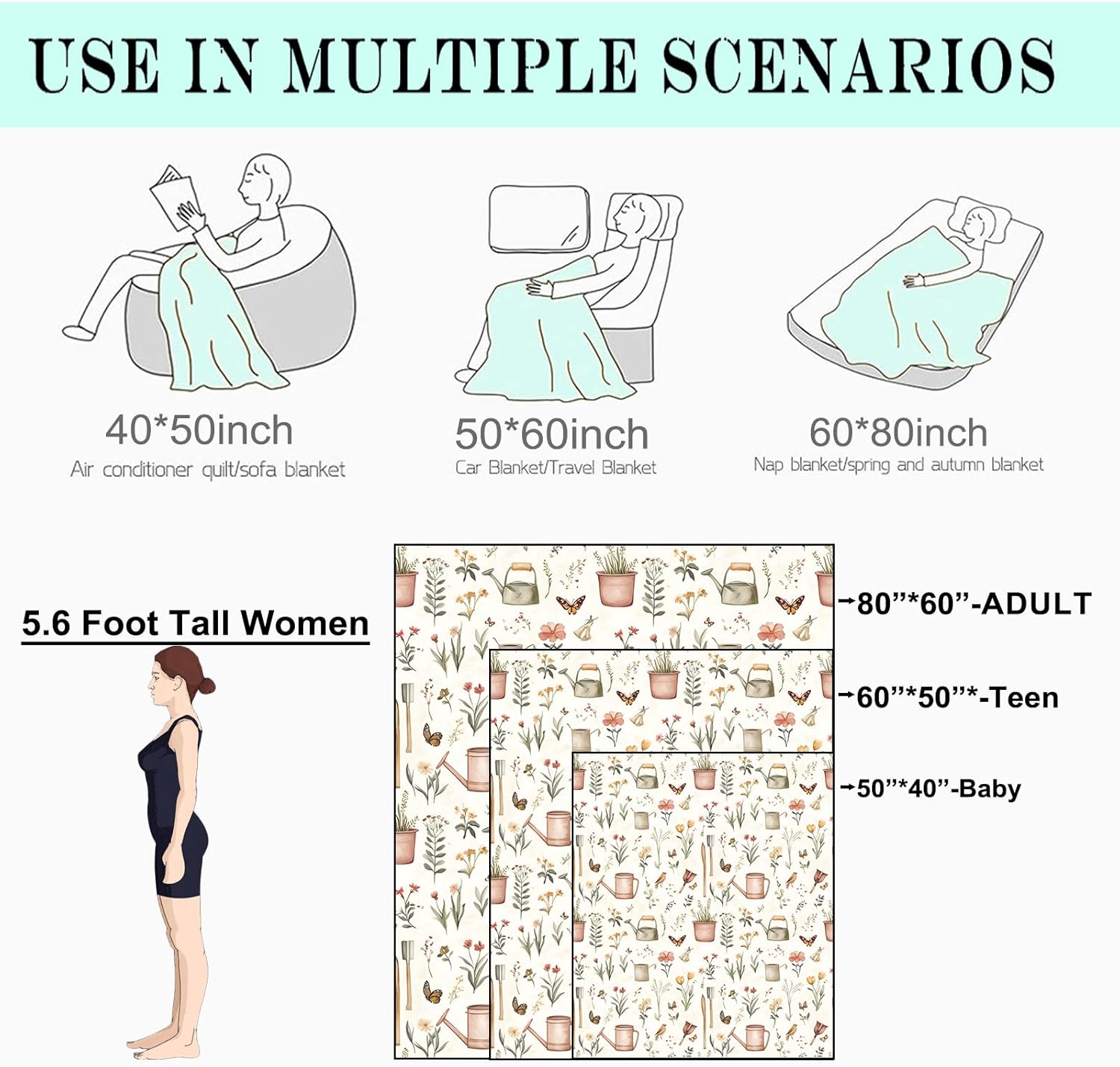 Spring Garden Tools and Floral Fleece Blanket - 50x60in Watering Cans Flower Butterfly Throw Blankets,Soft Cozy Lightweight, for Living Room Home Modern Decor and Kids Women Girls Gifts