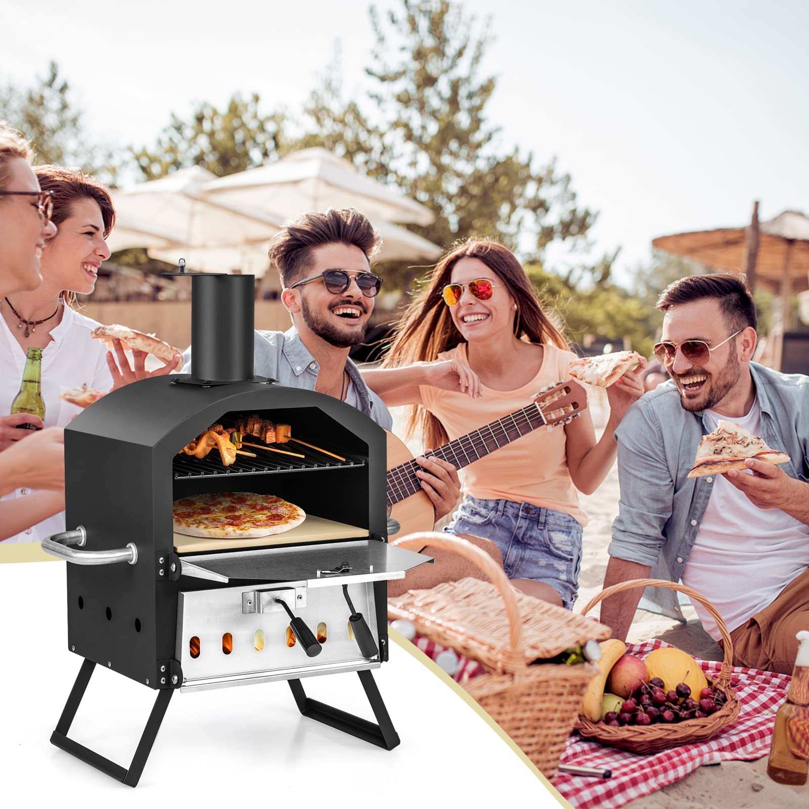 GYMAX Four à Pizza Extérieur Mini au Bois avec Pierre à Pizza, Pelle à Pizza, Jambes Pliantes et Poignées Portables