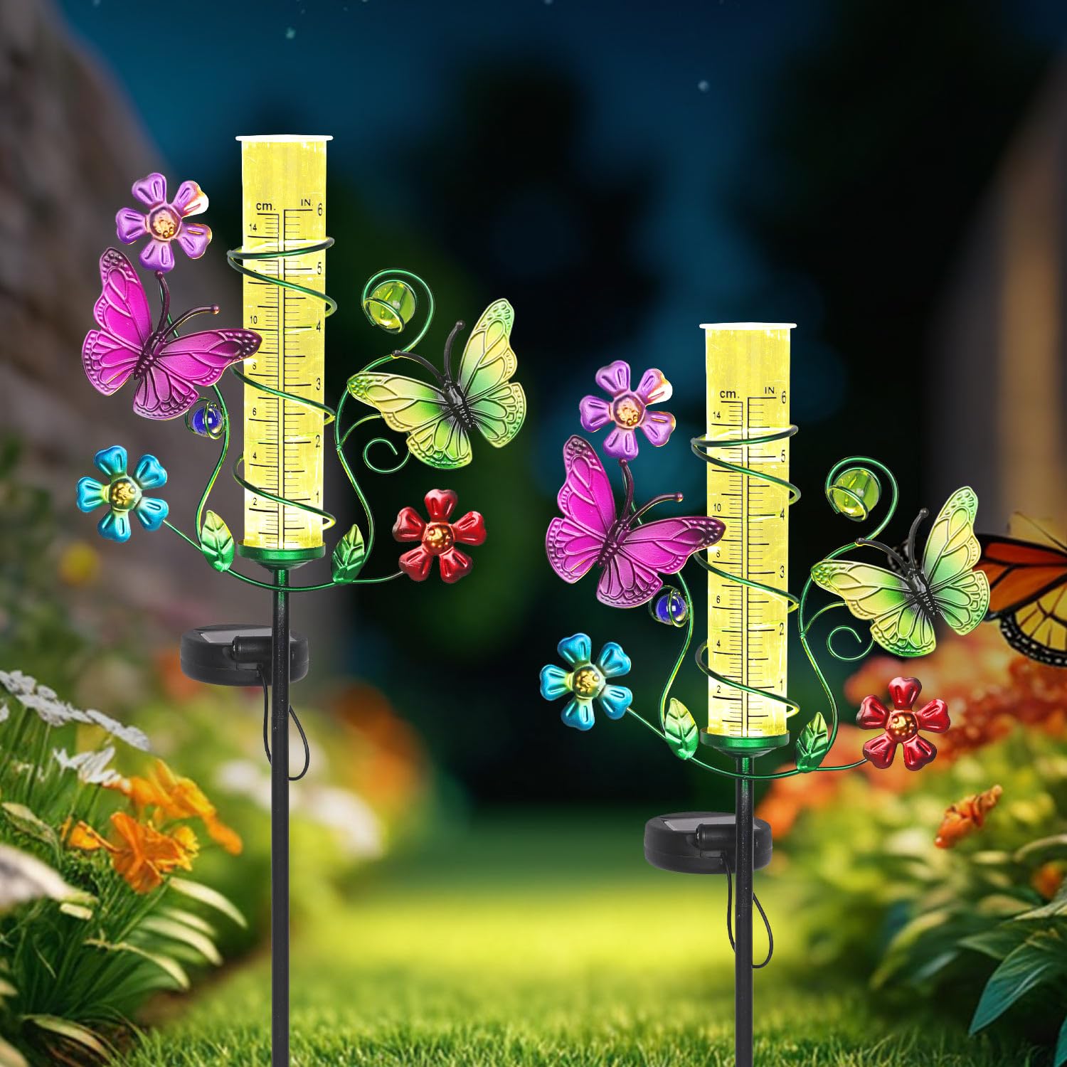 Pluviomètre papillon avec tube en plastique de 15,2 cm, jauge de pluie précise pour l'extérieur avec lampes solaires LED, outil de mesure de pluie pour jardin, pelouse, terrasse