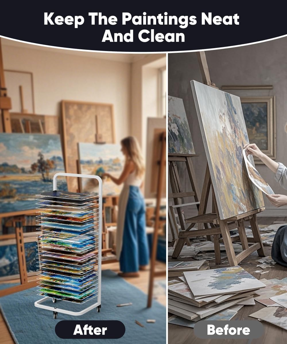 Garbuildman Étendoir à linge robuste pour peinture, support de séchage en métal avec 25 étagères amovibles, support de rangement mobile en toile avec roues verrouillables pour salles de classe